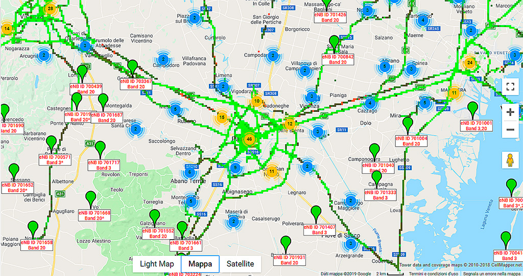 Posizionamento antenne TIM dal sito www.cellmapper.net