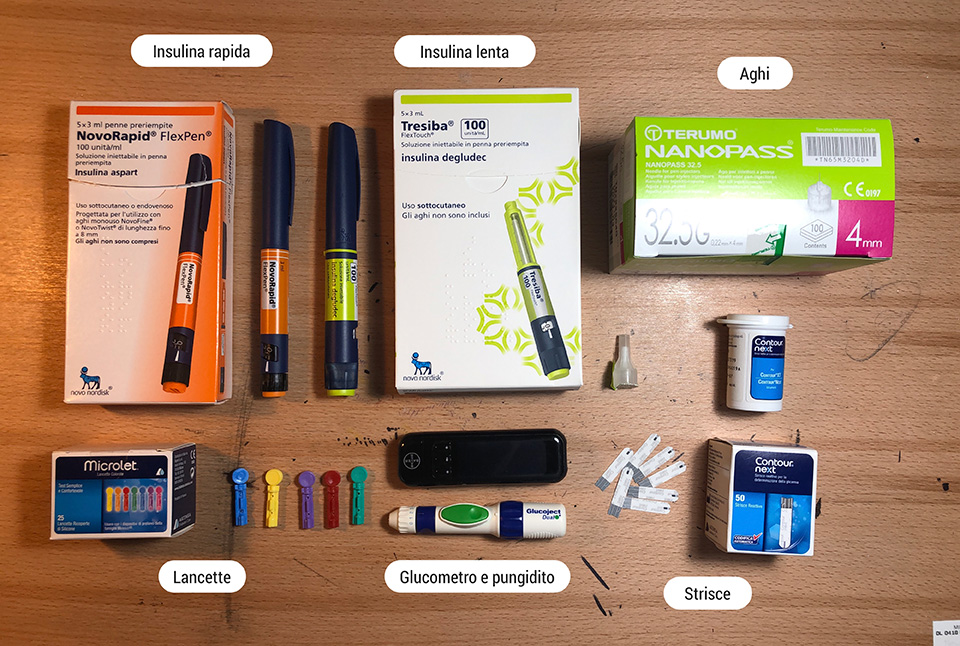 Questo è il kit di base di quasi tutti i diabetici di tipo 1.