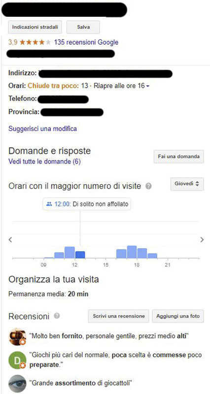 Una scheda Google My Business. Questa attività non ha sito web e non pone alcuna cura nella gestione dei canali digitali. Nonostante questo, i clienti rilasciano la loro esperienza: uno store online avrebbe fornito gli strumenti adeguati per rispondere alle recensioni negative.