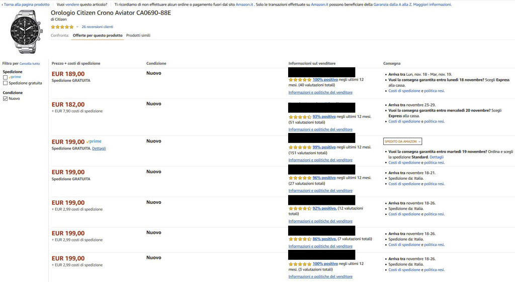 Figura 5 - La schermata “altri venditori” di una scheda prodotto. Le politiche di prezzo e di offerta dei concorrenti sono velocemente definibili per chi vende su Amazon.