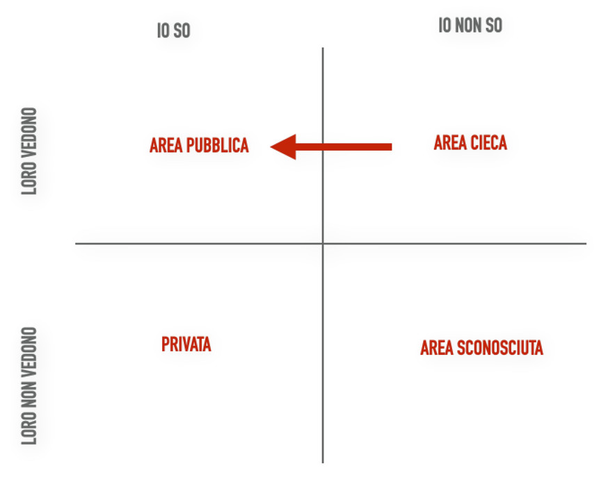 Figura 2 - Area pubblica, area privata, area sconosciuta e area cieca: è in quest’ultima che si concentra l’attività di feedback in un’ottica di miglioramento possibile.