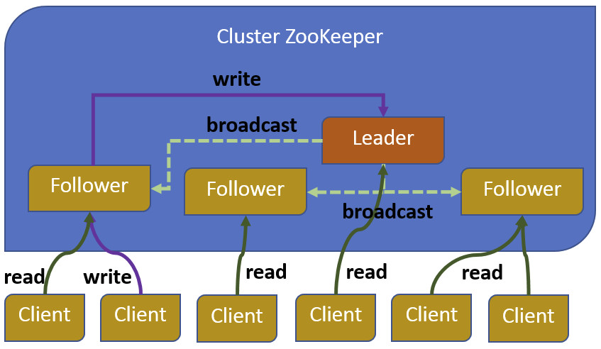 Figura 1 - ZooKeeper: configurazione in cluster, leader, follower.