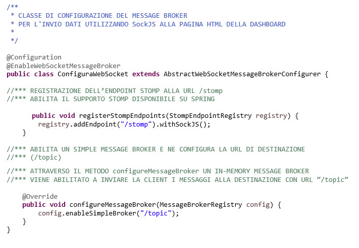 Implementazione WebSocket e STOMP nel message broker.
