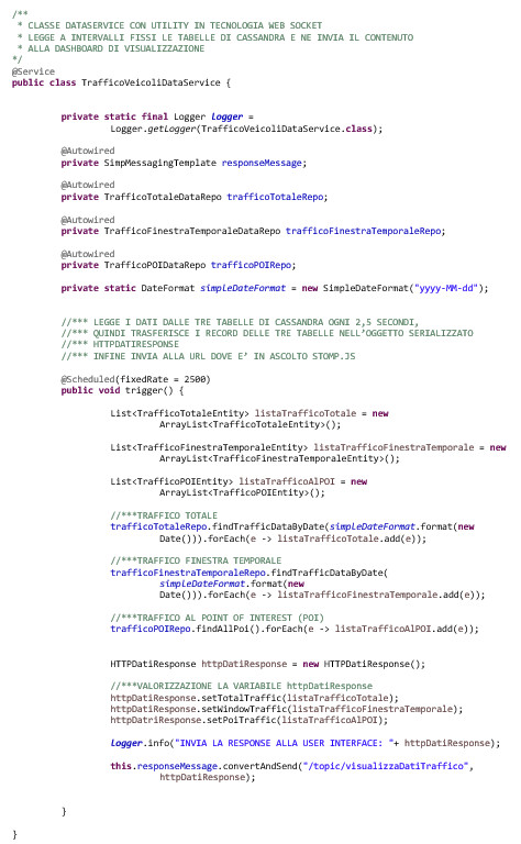 Classe DataService con la codifica di accesso schedulato ai record di Cassandra.