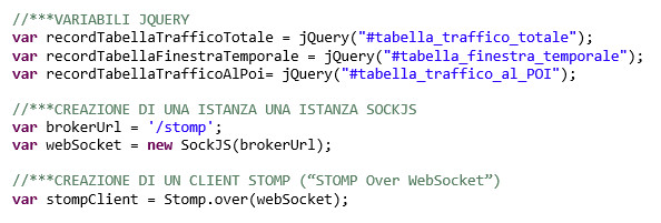 Variabili JQuery, istanza SockJs e client WebSocket.