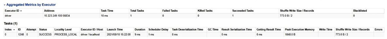 Dashboard Spark: metriche aggregate e dettaglio del task.