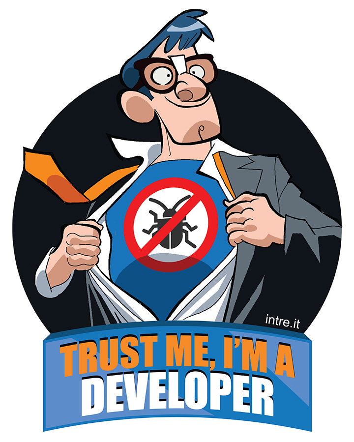 Figura 1 - L’adesivo “Trust me, I’m a developer” disegnato da Giuseppe Ferrario.