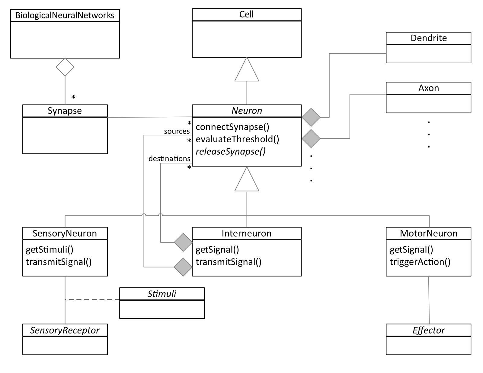 Diagramma UML delle classi che rappresenta una rete neurale biologica (BNN)